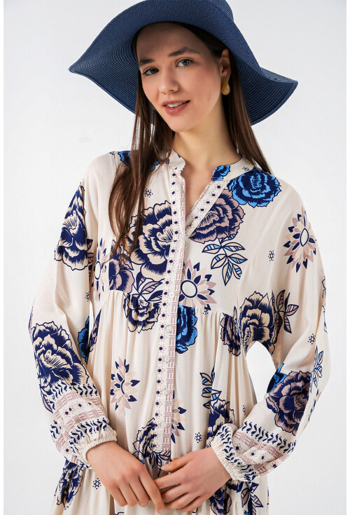 Kadın Desenli Uzun Tesettür Elbise 2585