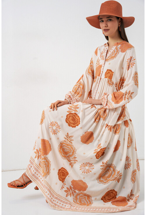 Kadın Desenli Uzun Tesettür Elbise 2585