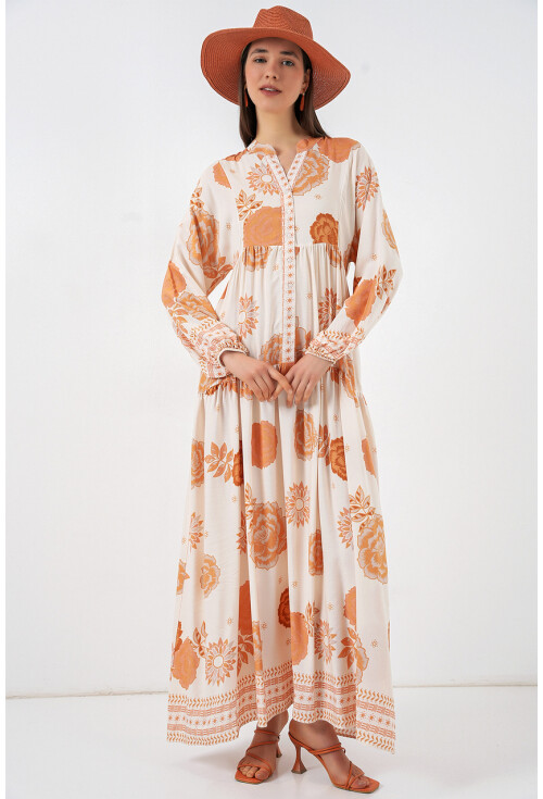 Kadın Desenli Uzun Tesettür Elbise 2585