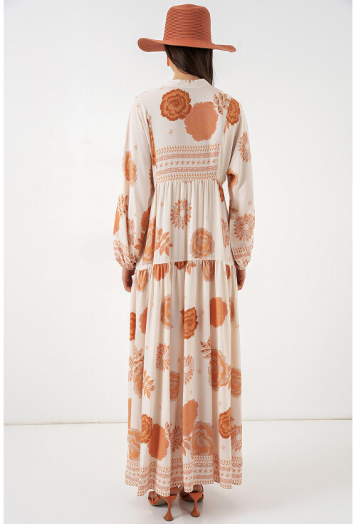 Kadın Desenli Uzun Tesettür Elbise 2585