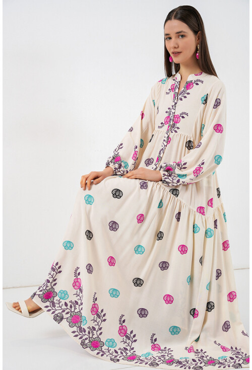 Kadın Desenli Uzun Tesettür Elbise 2585