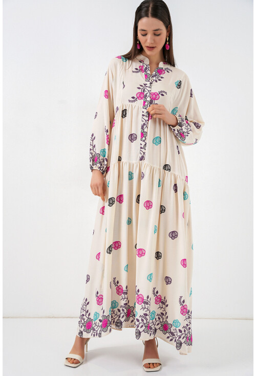 Kadın Desenli Uzun Tesettür Elbise 2585