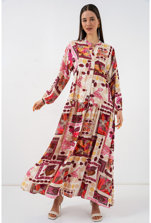 Kadın Desenli Uzun Tesettür Elbise 2585