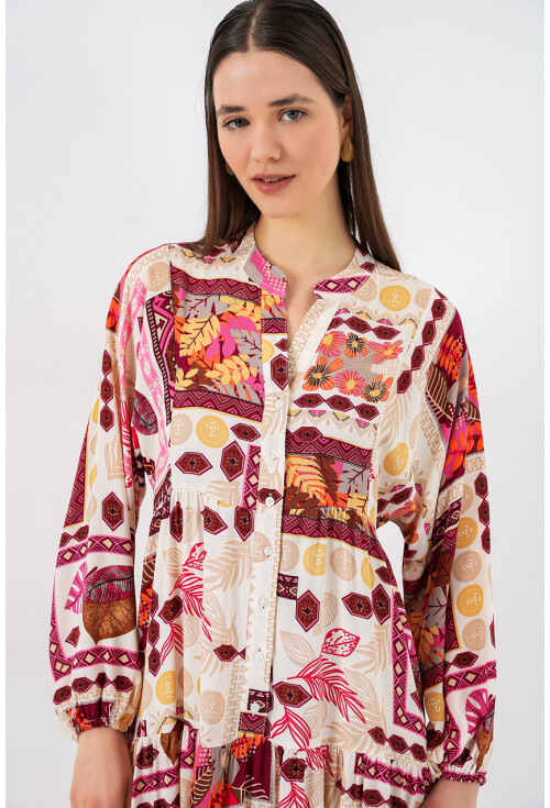 Kadın Desenli Uzun Tesettür Elbise 2585