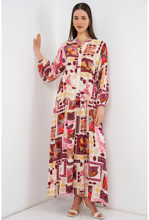 Kadın Desenli Uzun Tesettür Elbise 2585