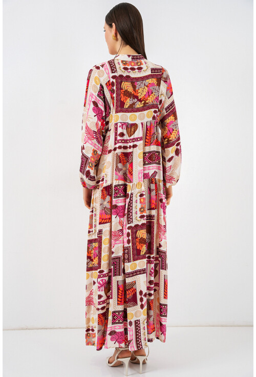 Kadın Desenli Uzun Tesettür Elbise 2585