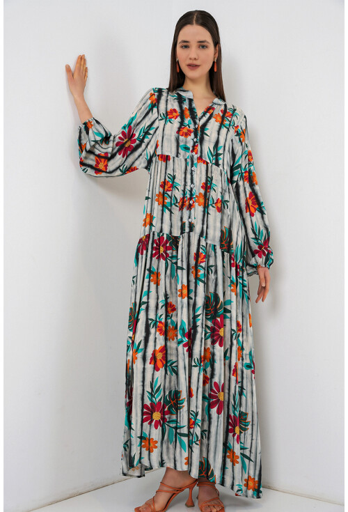 Kadın Desenli Uzun Tesettür Elbise 2585