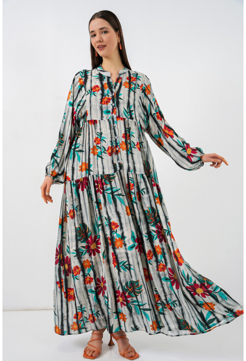 Kadın Desenli Uzun Tesettür Elbise 2585