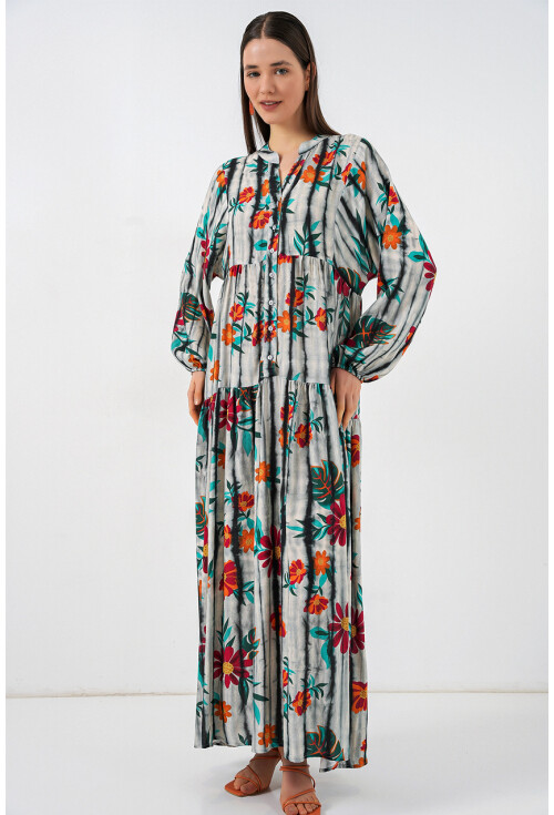 Kadın Desenli Uzun Tesettür Elbise 2585