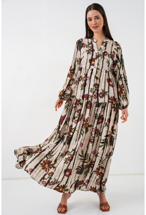 Kadın Desenli Uzun Tesettür Elbise 2585