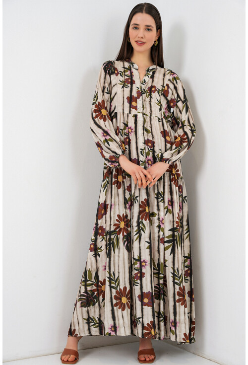 Kadın Desenli Uzun Tesettür Elbise 2585