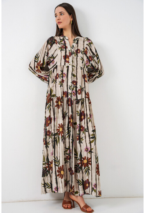 Kadın Desenli Uzun Tesettür Elbise 2585