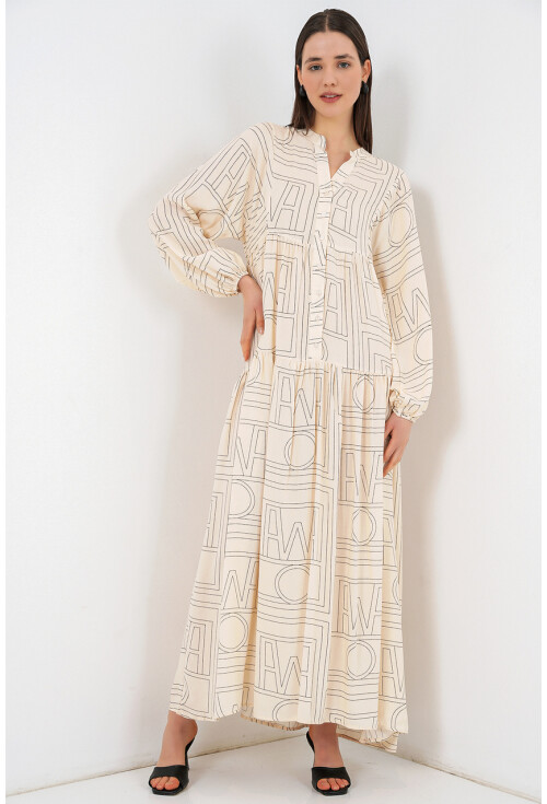 Kadın Desenli Uzun Tesettür Elbise 2585