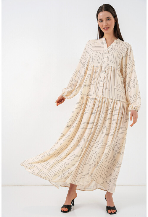 Kadın Desenli Uzun Tesettür Elbise 2585