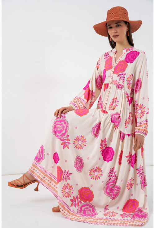 Kadın Desenli Uzun Tesettür Elbise 2585