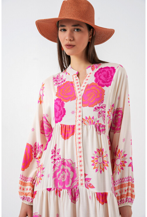 Kadın Desenli Uzun Tesettür Elbise 2585