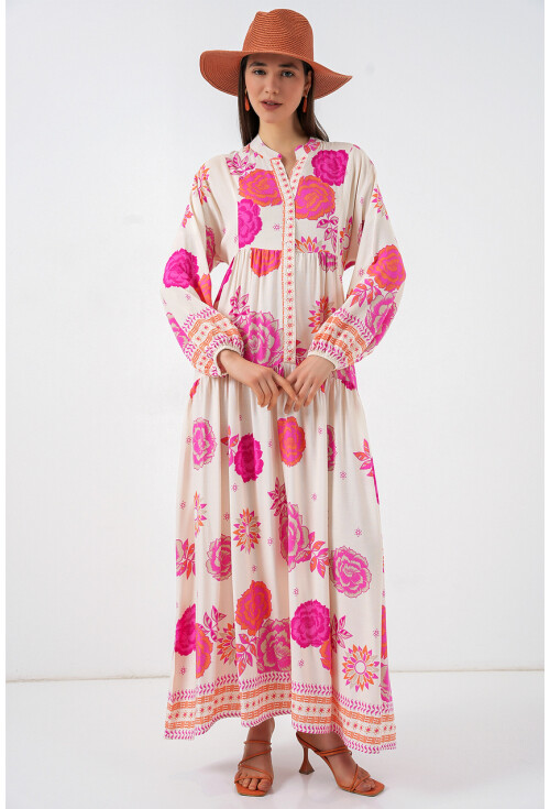 Kadın Desenli Uzun Tesettür Elbise 2585