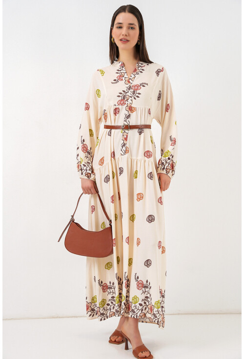 Kadın Desenli Uzun Tesettür Elbise 2585