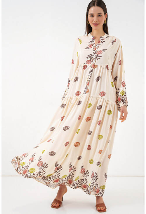 Kadın Desenli Uzun Tesettür Elbise 2585