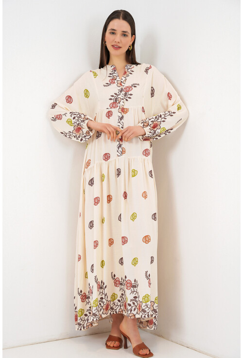 Kadın Desenli Uzun Tesettür Elbise 2585