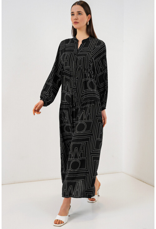 Kadın Desenli Uzun Tesettür Elbise 2585