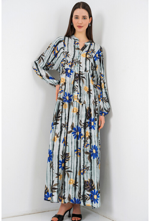 Kadın Desenli Uzun Tesettür Elbise 2585