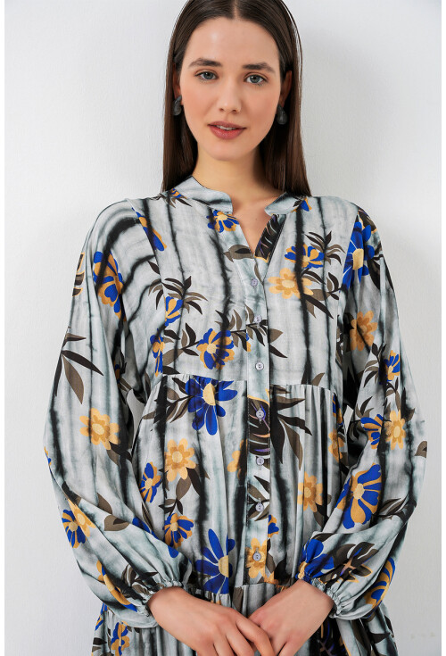 Kadın Desenli Uzun Tesettür Elbise 2585