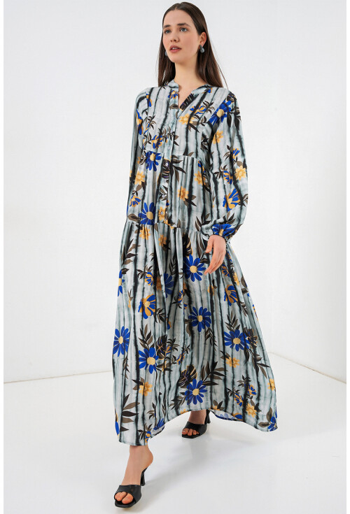 Kadın Desenli Uzun Tesettür Elbise 2585