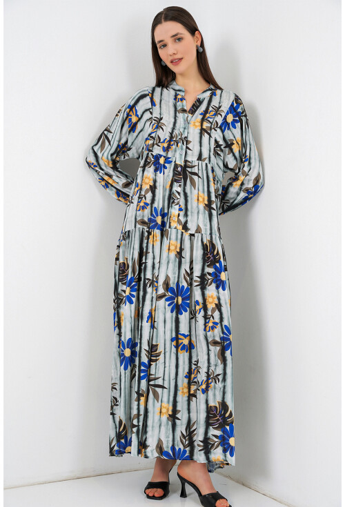 Kadın Desenli Uzun Tesettür Elbise 2585