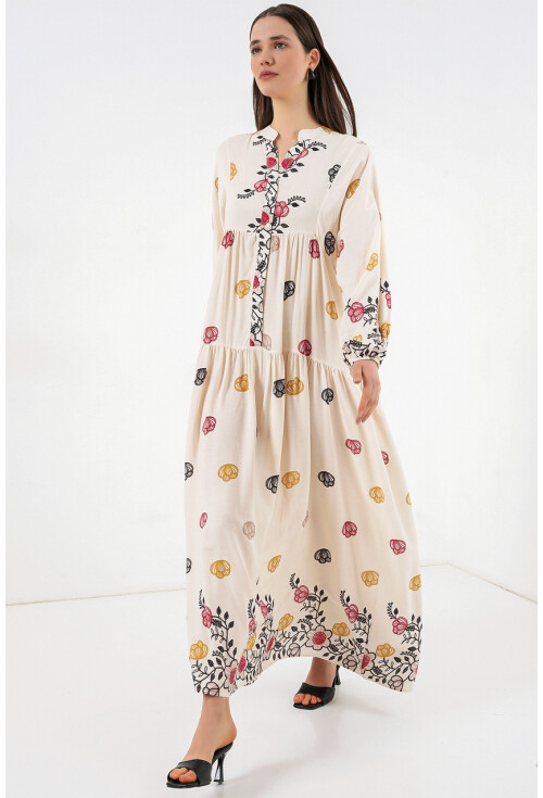 Kadın Desenli Uzun Tesettür Elbise 2585