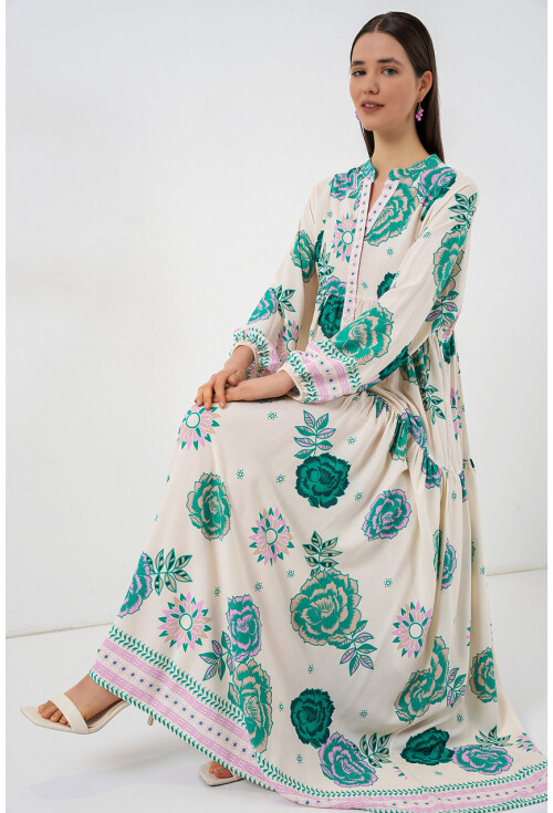 Kadın Desenli Uzun Tesettür Elbise 2585