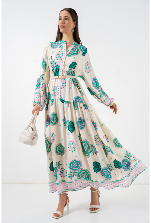 Kadın Desenli Uzun Tesettür Elbise 2585