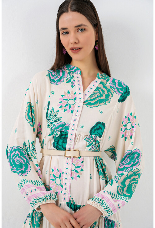 Kadın Desenli Uzun Tesettür Elbise 2585