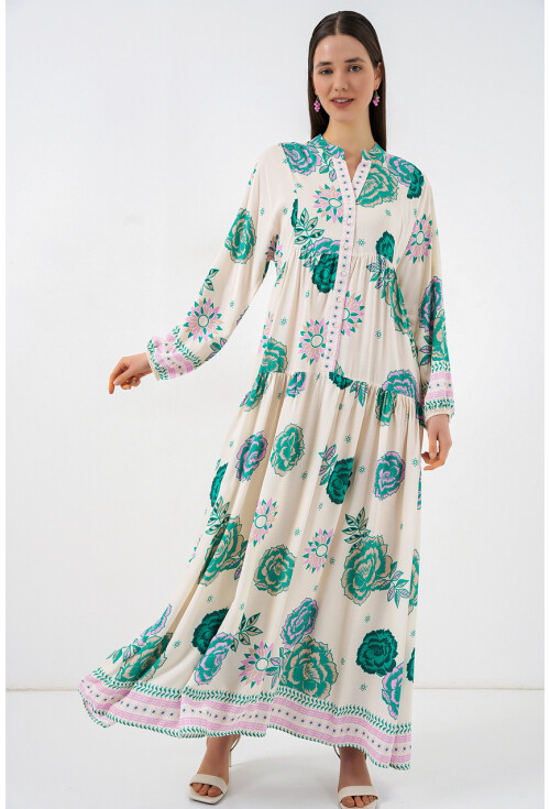 Kadın Desenli Uzun Tesettür Elbise 2585