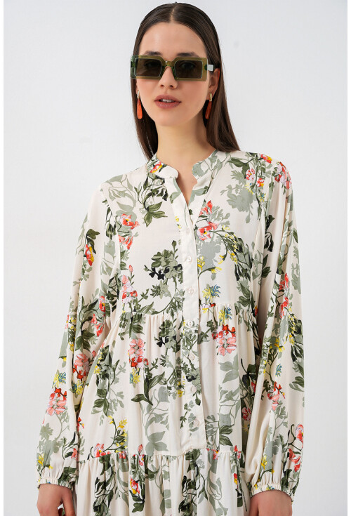 Kadın Desenli Uzun Tesettür Elbise 2585