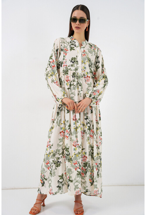 Kadın Desenli Uzun Tesettür Elbise 2585