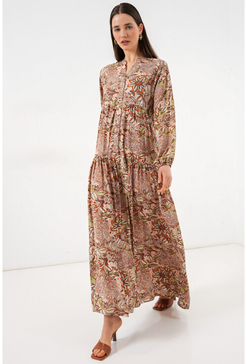 Kadın Desenli Uzun Tesettür Elbise 2585