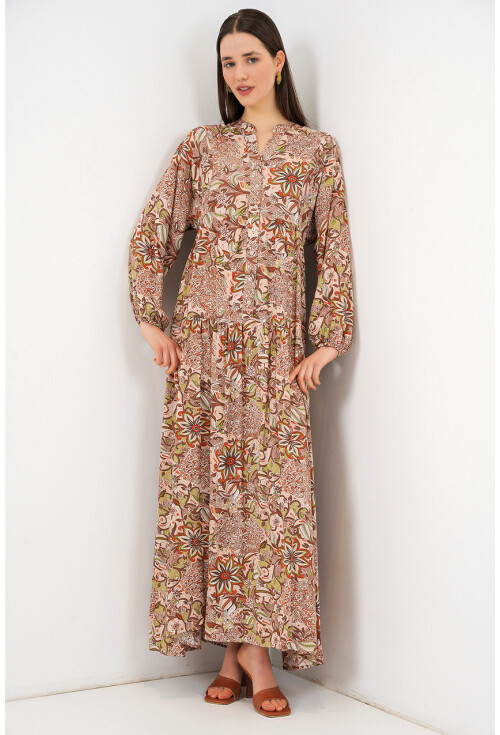 Kadın Desenli Uzun Tesettür Elbise 2585