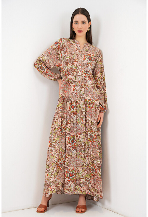 Kadın Desenli Uzun Tesettür Elbise 2585