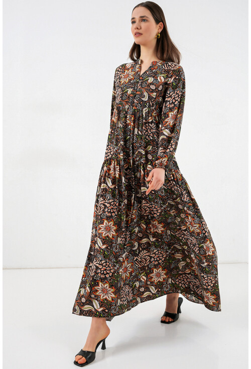 Kadın Desenli Uzun Tesettür Elbise 2585