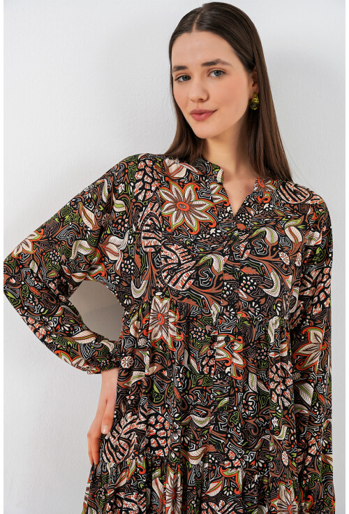 Kadın Desenli Uzun Tesettür Elbise 2585