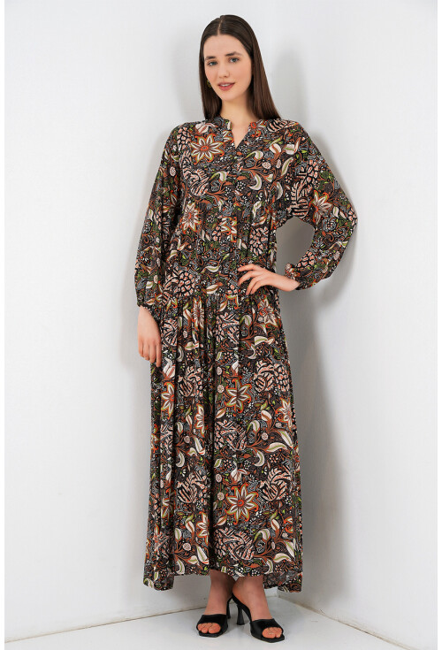 Kadın Desenli Uzun Tesettür Elbise 2585