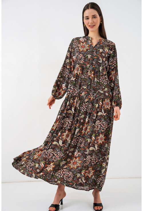 Kadın Desenli Uzun Tesettür Elbise 2585