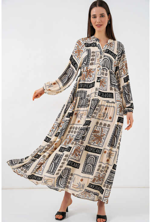 Kadın Desenli Uzun Tesettür Elbise 2585