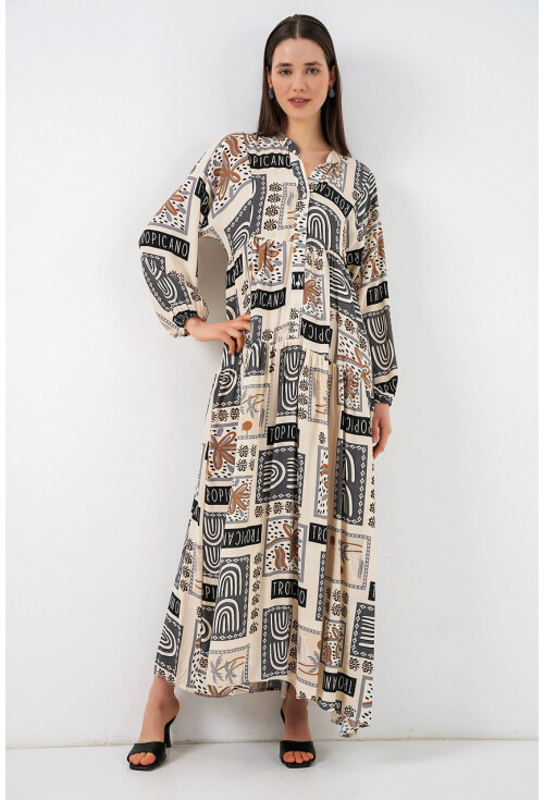 Kadın Desenli Uzun Tesettür Elbise 2585