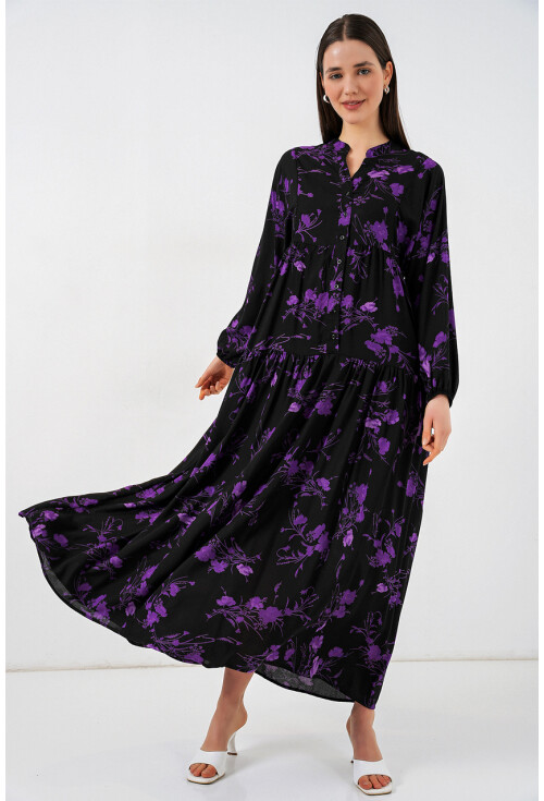 Kadın Desenli Uzun Tesettür Elbise 2585