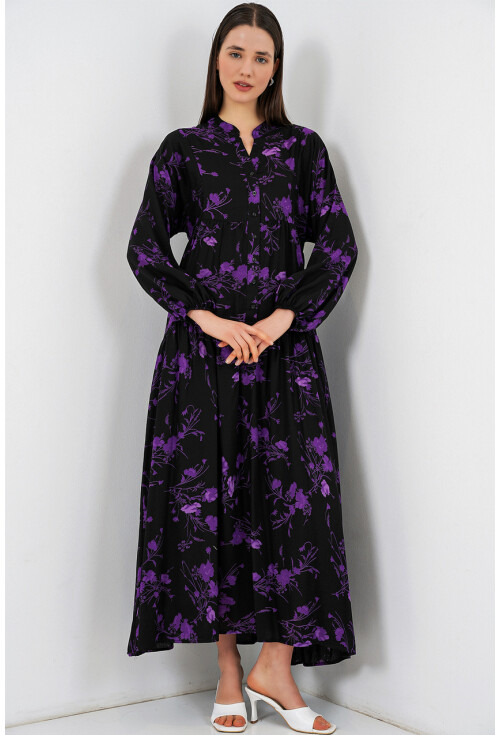 Kadın Desenli Uzun Tesettür Elbise 2585