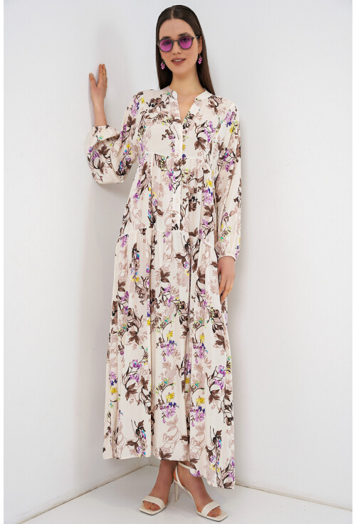 Kadın Desenli Uzun Tesettür Elbise 2585