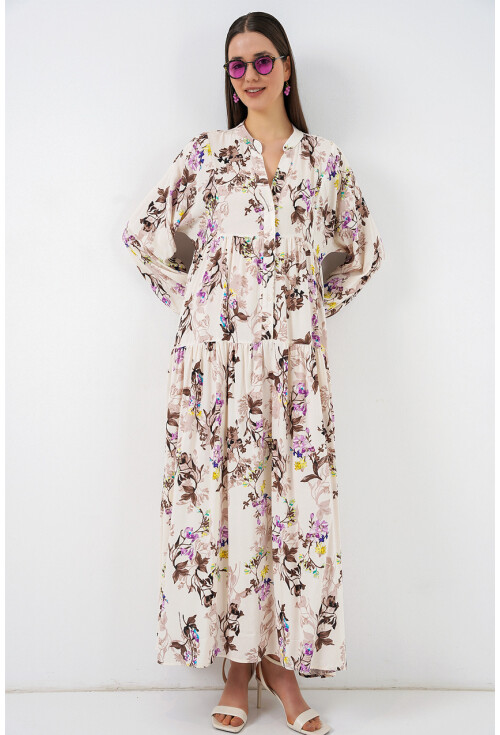 Kadın Desenli Uzun Tesettür Elbise 2585