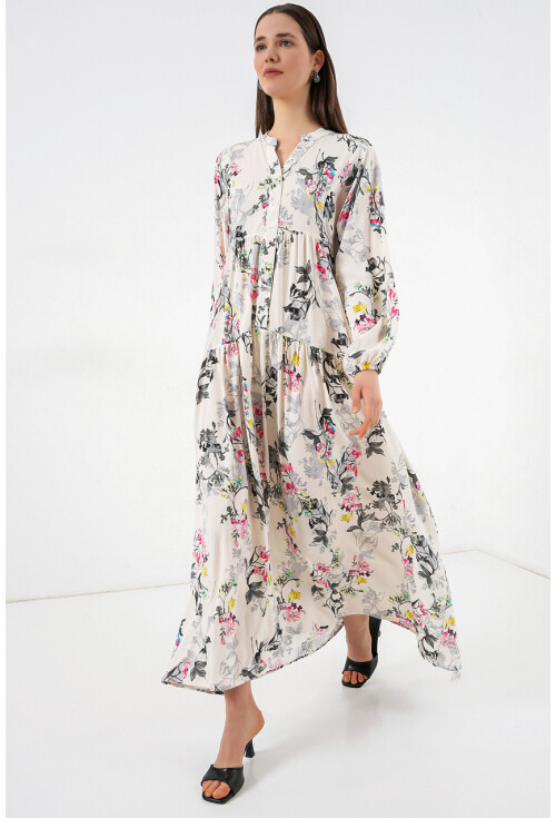 Kadın Desenli Uzun Tesettür Elbise 2585